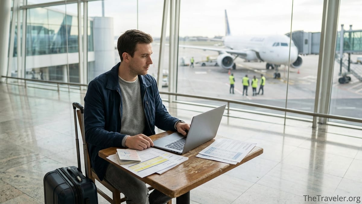 Traveler in airport comparing travel insurance documents and laptop before a flight.