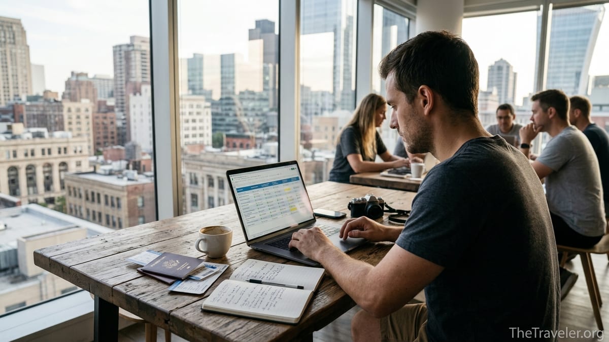 Traveler comparing travel insurance options on a laptop in a coworking space.