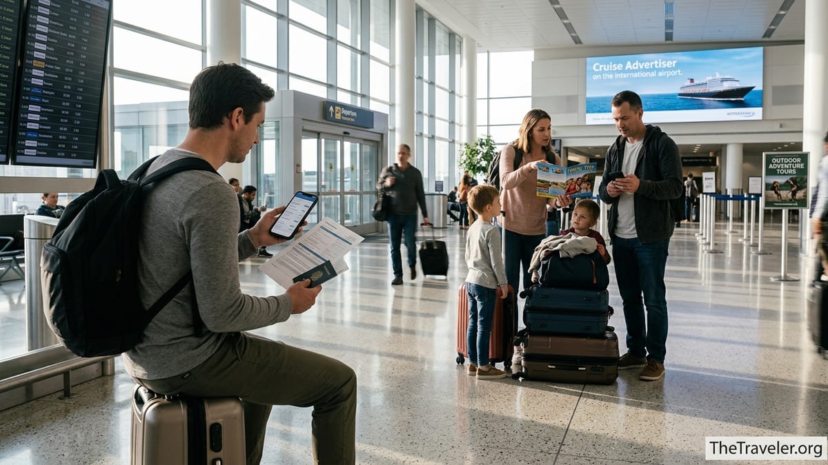 Traveler comparing travel insurance options on phone in busy airport terminal.