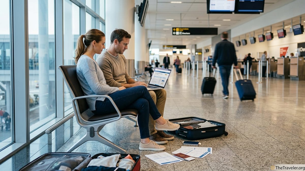 Travellers comparing travel insurance on a laptop in a busy airport departure hall.