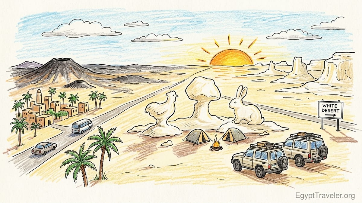 Golden hour 4x4 safari camp among chalk formations in Egypt’s White Desert.