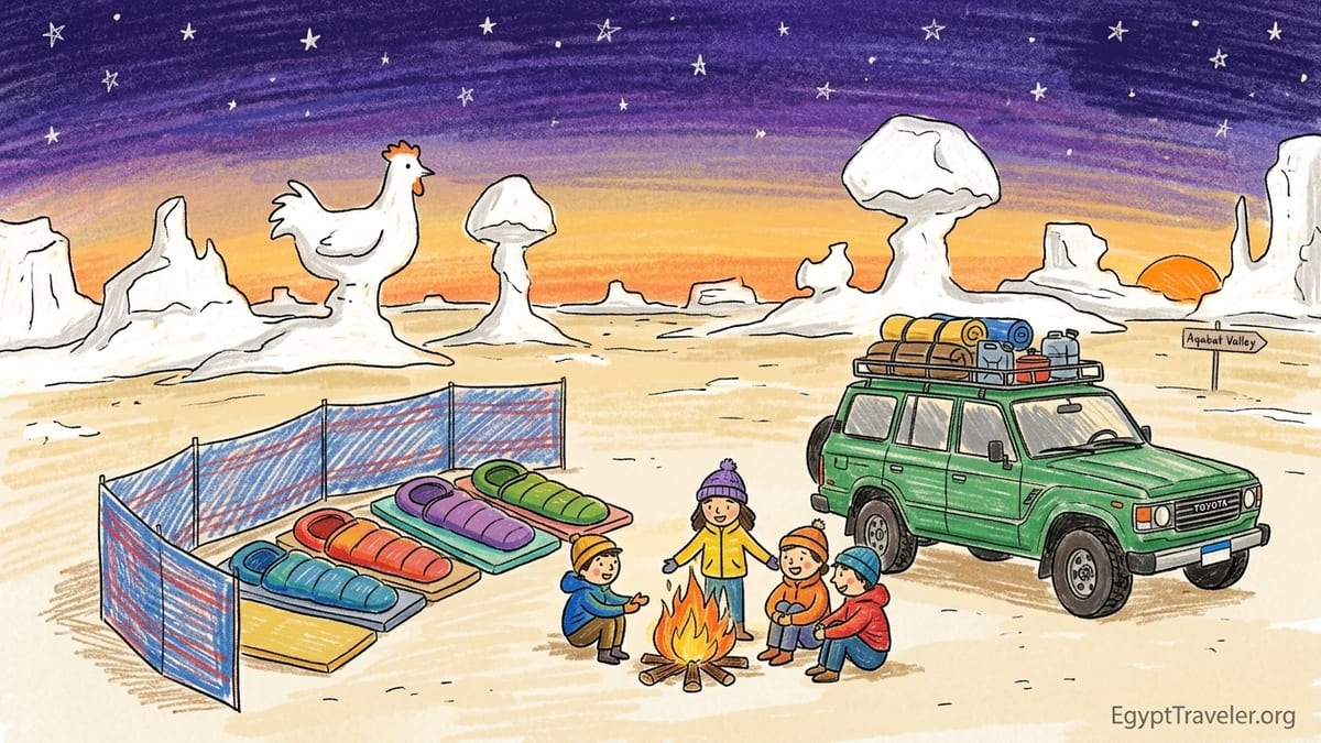 Overnight desert camp among chalk formations in Egypt’s White Desert at cold pre-dawn light.