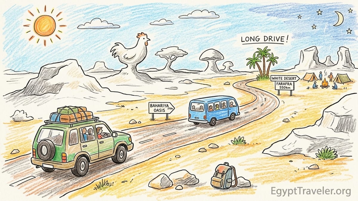 Travelers and 4x4s beside white rock formations in Egypt’s White Desert at sunset.