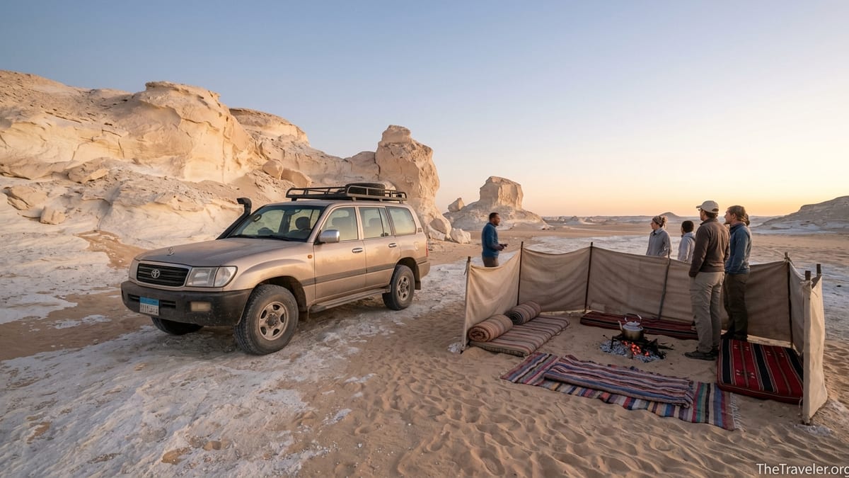 4x4 desert camp set among chalk formations in Egypt’s White Desert at sunset