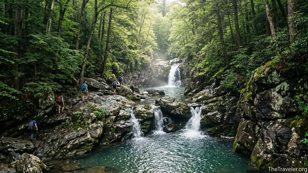 Hikers on the rocky Whiteoak Canyon Trail beside waterfalls and pools in Shenandoah National Park.