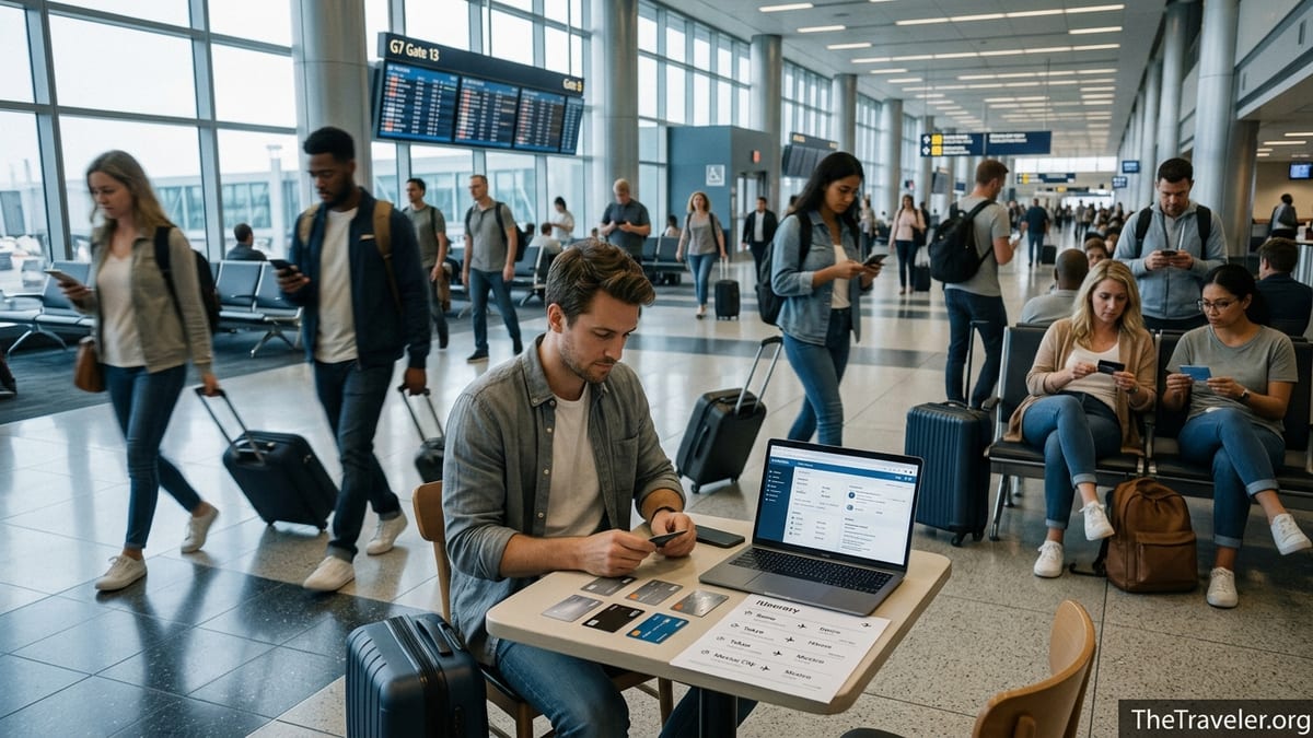 Travelers in a modern airport comparing credit cards while preparing for international flights.