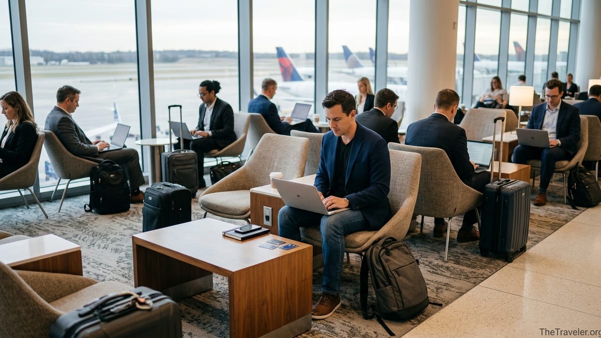Business travelers in an airport lounge comparing business credit cards on laptops.