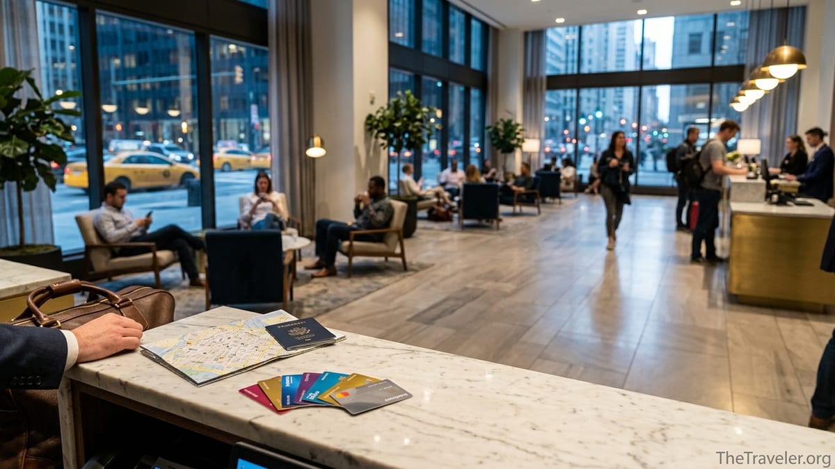 Travelers in a modern hotel lobby with various credit cards on the front desk