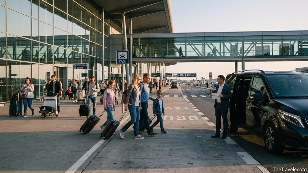 Family with luggage approaching a pre-booked minivan outside a busy airport at sunset.