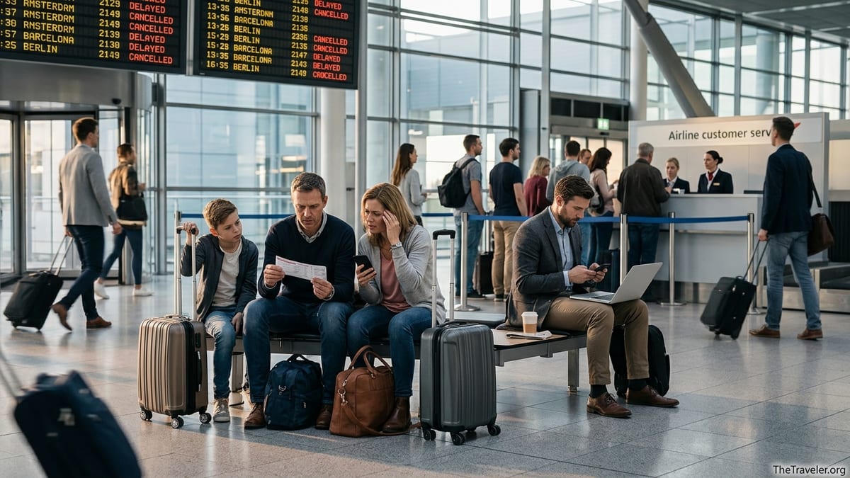 Passengers waiting near a customer service desk in a busy European airport with delayed flights on the board.