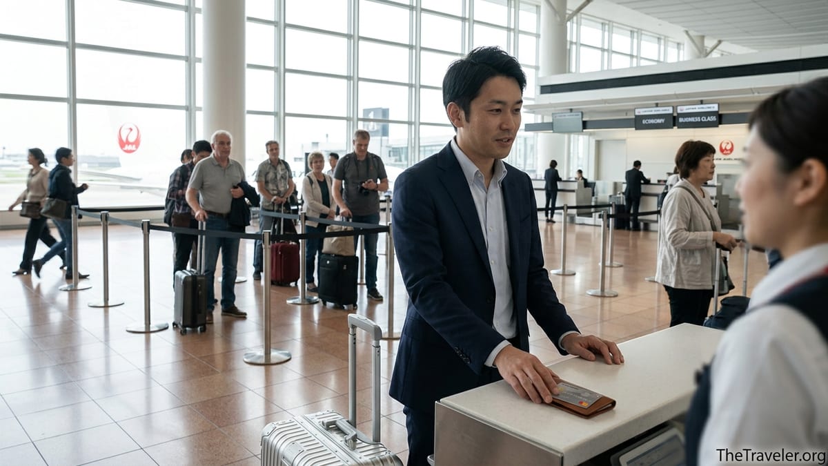 Traveler presenting a JAL Card at a Tokyo airport check-in counter with JAL signs in background.