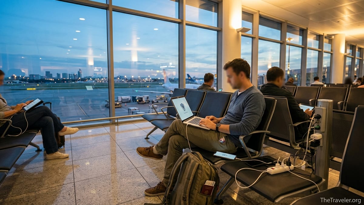 Traveler using laptop and phone on airport Wi-Fi with planes outside at dusk