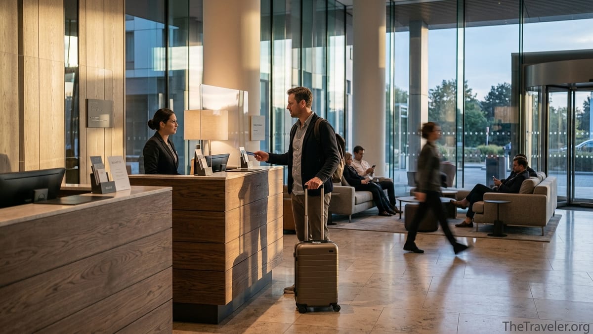 Traveler checking in at a modern Hyatt hotel lobby with suitcase and card in hand.