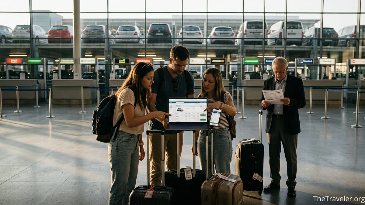Travelers comparing car rental deals on a laptop at an airport rental center.
