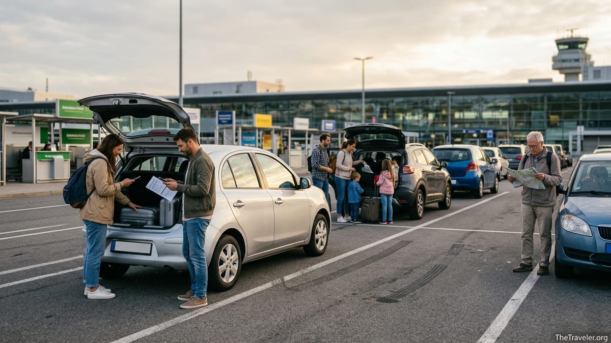 Travelers compare rental cars and paperwork at an airport lot in late afternoon light.