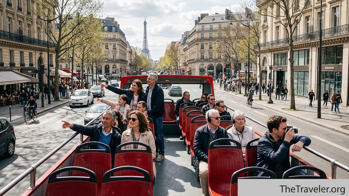 Open top Big Bus tour passing through central Paris with diverse travelers on the upper deck.