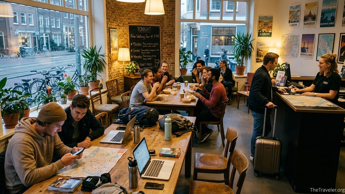 Backpackers using Hostelworld on a phone in a busy hostel common room.