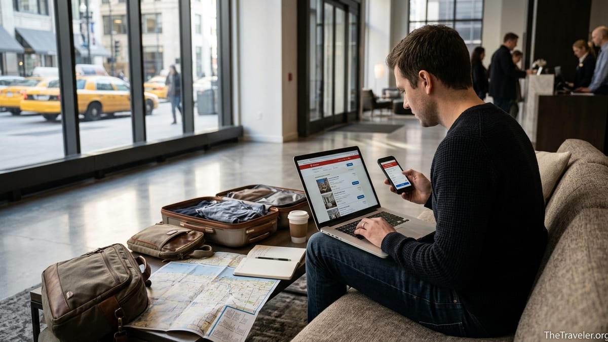 Traveler in a modern hotel lobby comparing hotel options on laptop and phone.