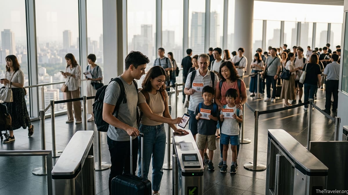 Travelers scanning mobile vouchers at an Asian city attraction gate with skyline views.