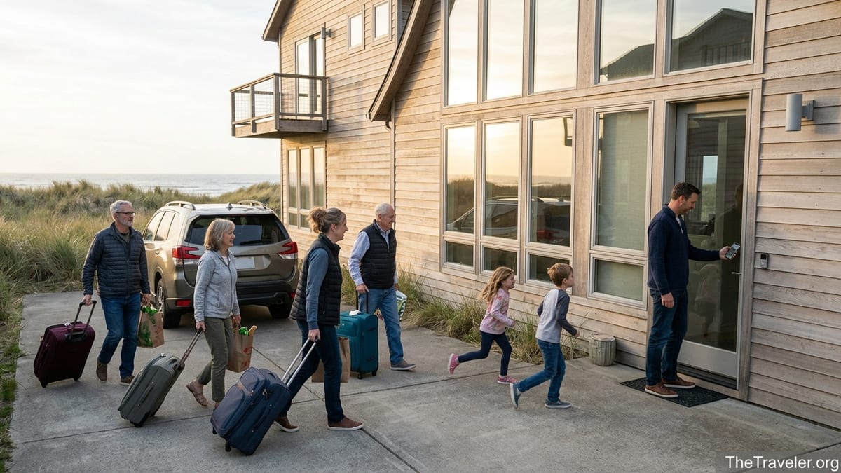 Family and friends arriving with luggage at a coastal vacation rental home at sunset