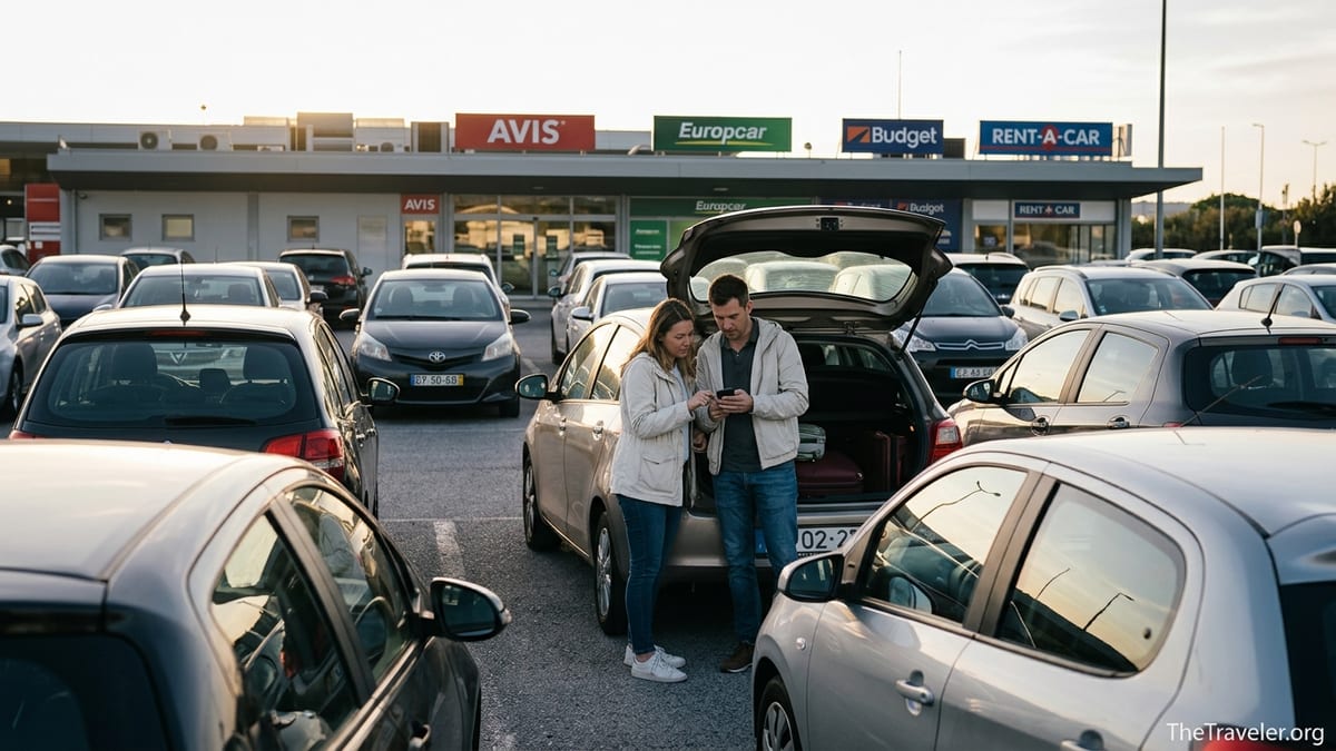 Couple checking a car rental booking on phone beside a small car at a European airport lot.