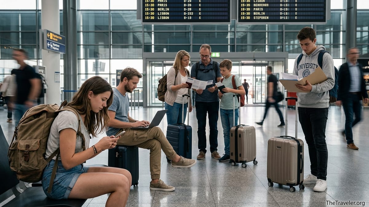 Travelers using phones and documents in a bright European airport departures hall.