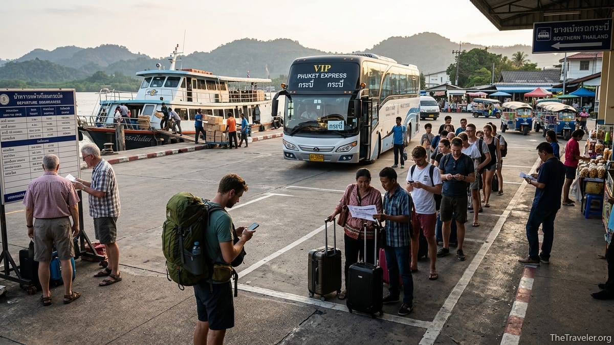 Travelers using their phones to check tickets at a busy Southeast Asian bus and ferry terminal.