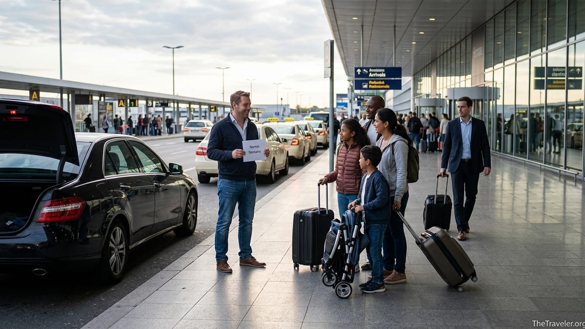 Driver greeting arriving family outside a European airport with a prebooked car