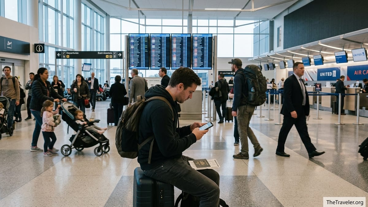 Traveler checking a flight booking app on their phone in a busy airport terminal