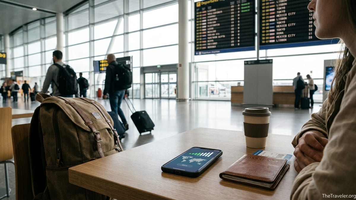 Traveler using a phone with global SIM app open in a busy airport terminal