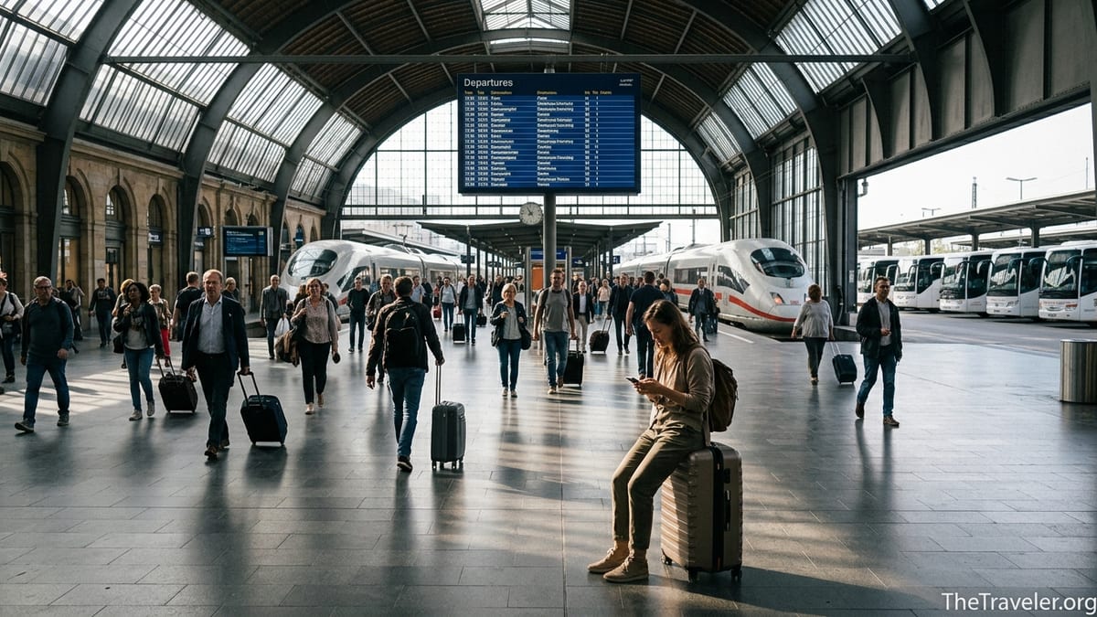 Travelers using a journey app in a busy European train station concourse.
