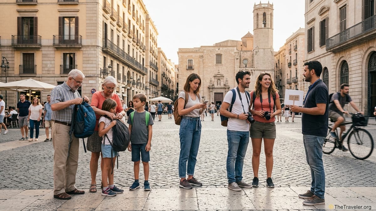 Small group of travelers meeting a local guide in a historic European square at sunset.