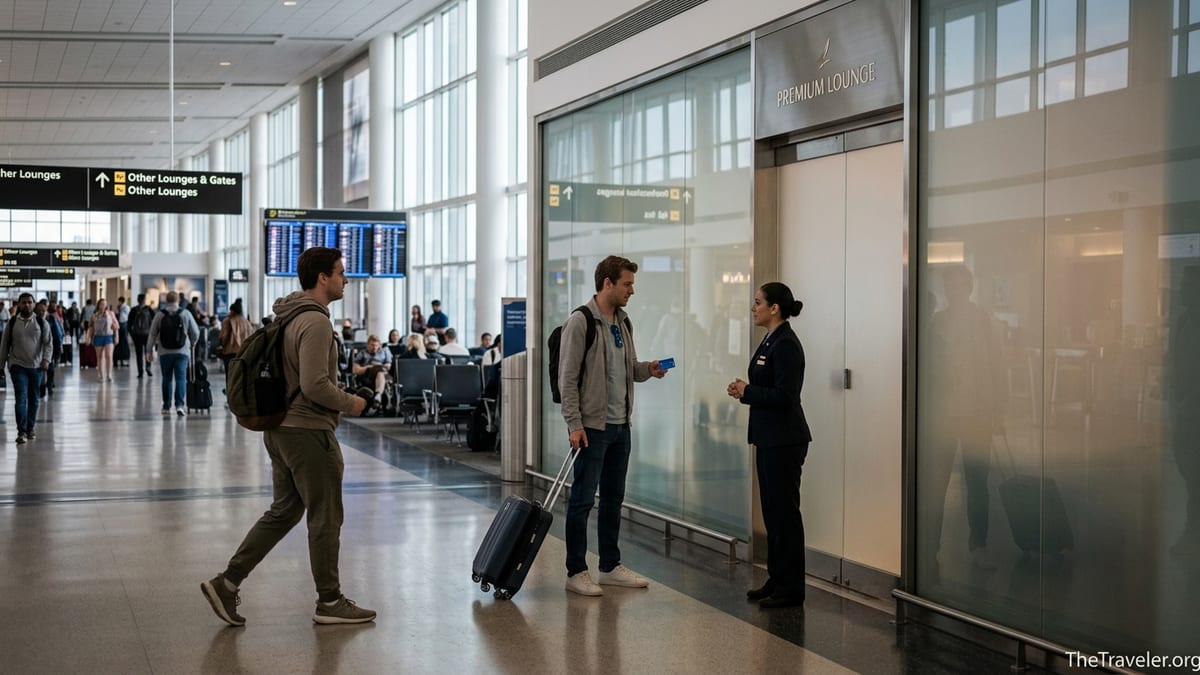 Travelers passing a Chase-style airport lounge entrance while others walk toward alternative lounges.