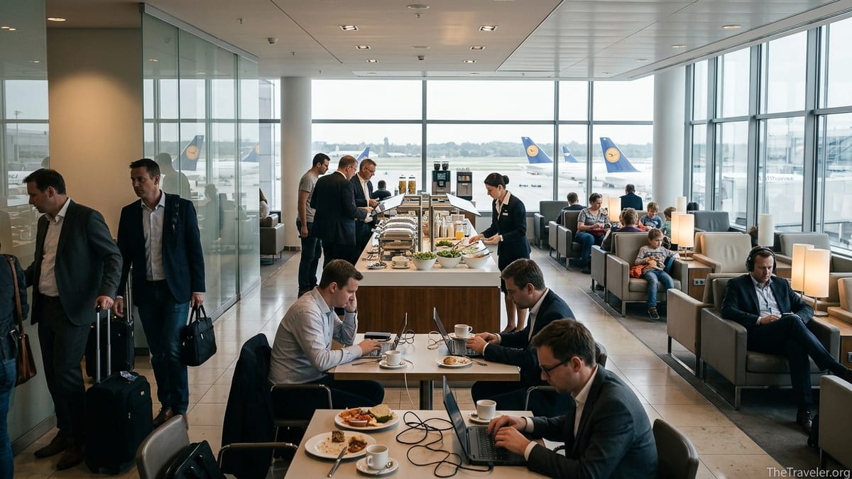 Crowded Lufthansa airport lounge with travelers searching for seats near large windows overlooking aircraft.