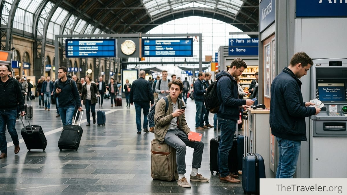 Traveler in a European train station checking their phone and card while others use ATMs and kiosks around them.