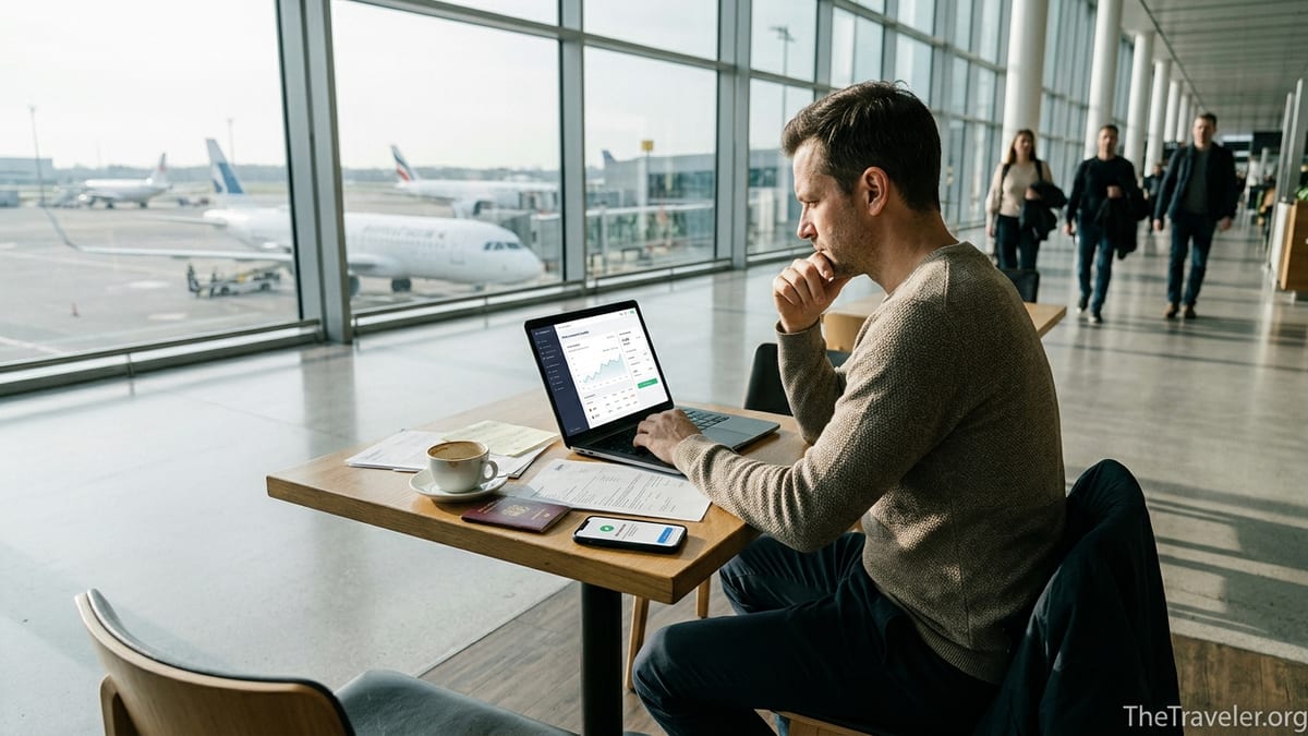 Traveler in an airport lounge comparing international money transfer options on a laptop.