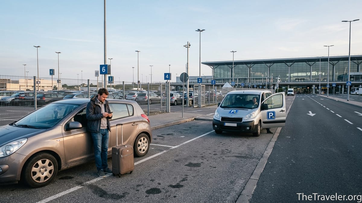 Traveler looking uncertain beside car in off-airport parking lot near busy terminal at sunrise.