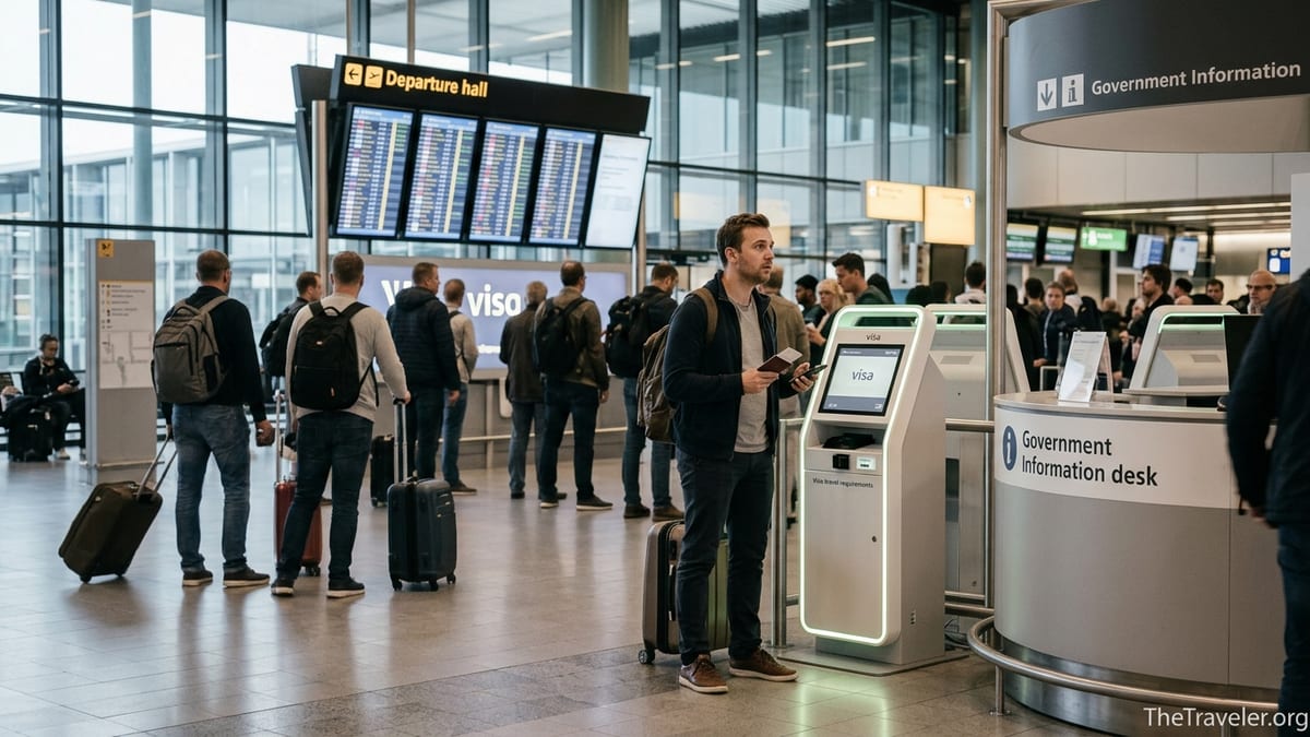 Traveler in airport debating between a visa kiosk and government desk.