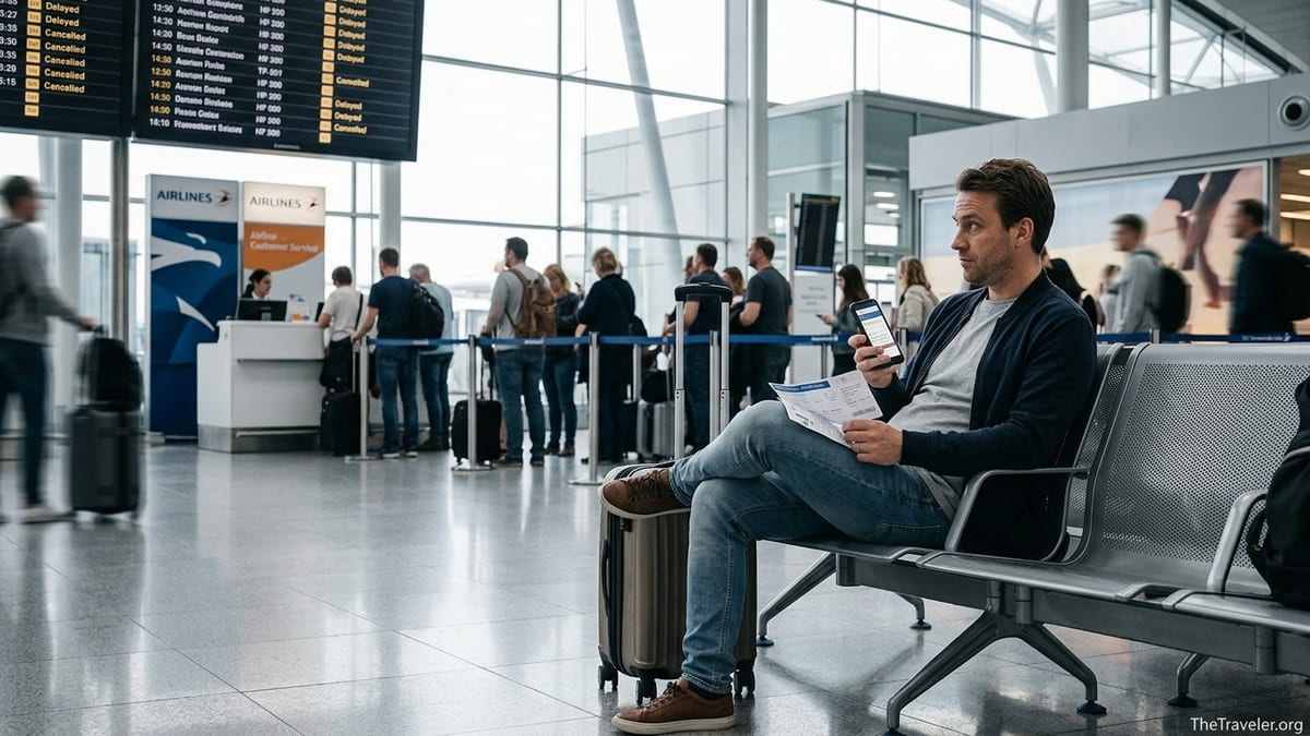 Traveler in a European airport terminal weighing airline vs claim company for flight delay compensation.