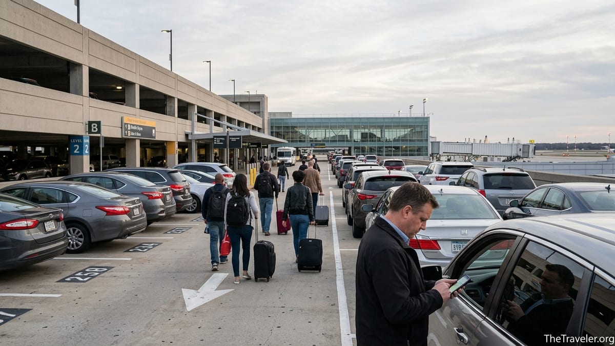 Traveler checks a parking app on their phone in a crowded airport parking garage.