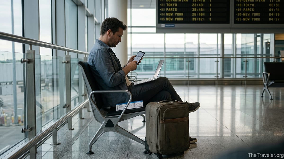 Frustrated traveler in an airport terminal checking a smartphone with no signal displayed.