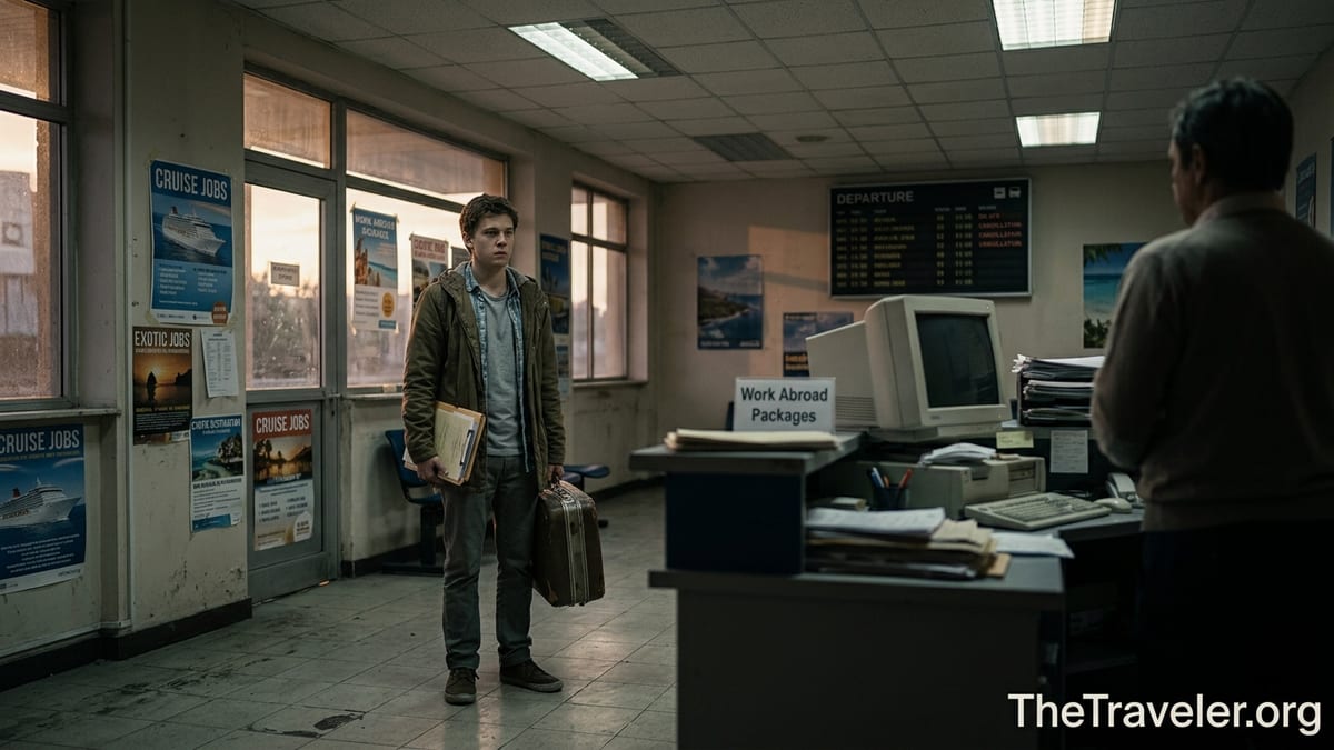 Young traveler looking uncertain in a small travel agency office with cruise posters.