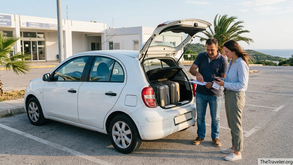 Traveler meeting a local car rental owner at a small Mediterranean airport parking lot.