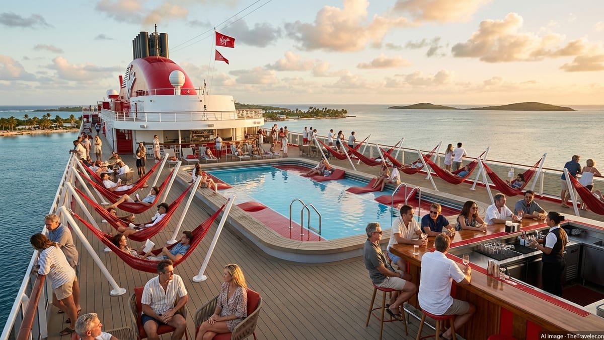 Adults relaxing on the pool deck of a Virgin Voyages ship at sunset, adults-only atmosphere.
