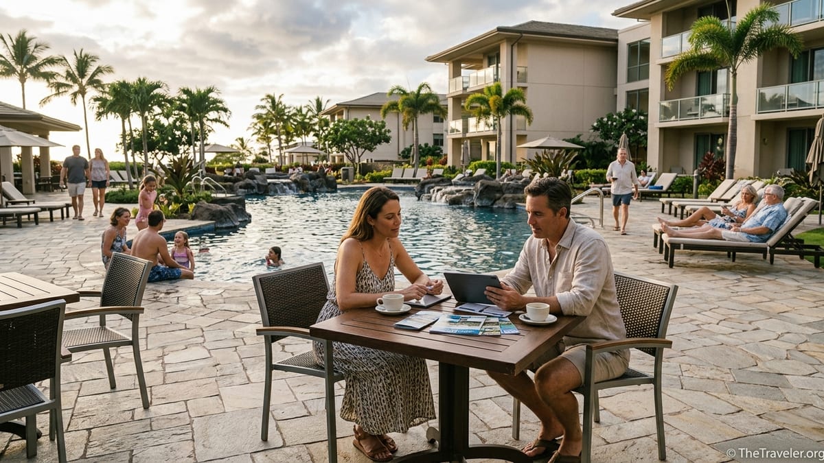 Travelers at a Hilton-style resort pool weighing timeshare brochures at sunset.