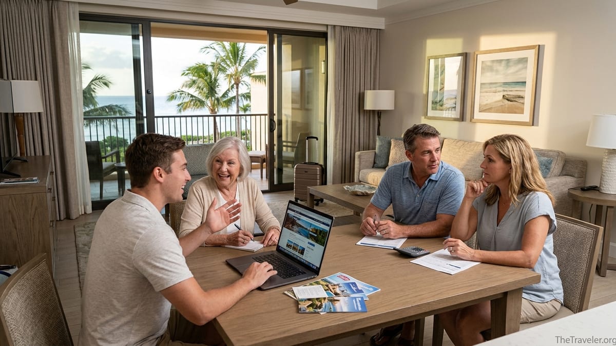Family in a Marriott-style resort villa weighing vacation club documents at a dining table.
