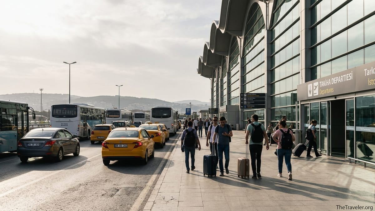 Travelers arriving by taxi and shuttle outside Sabiha Gökçen Airport terminal at sunset