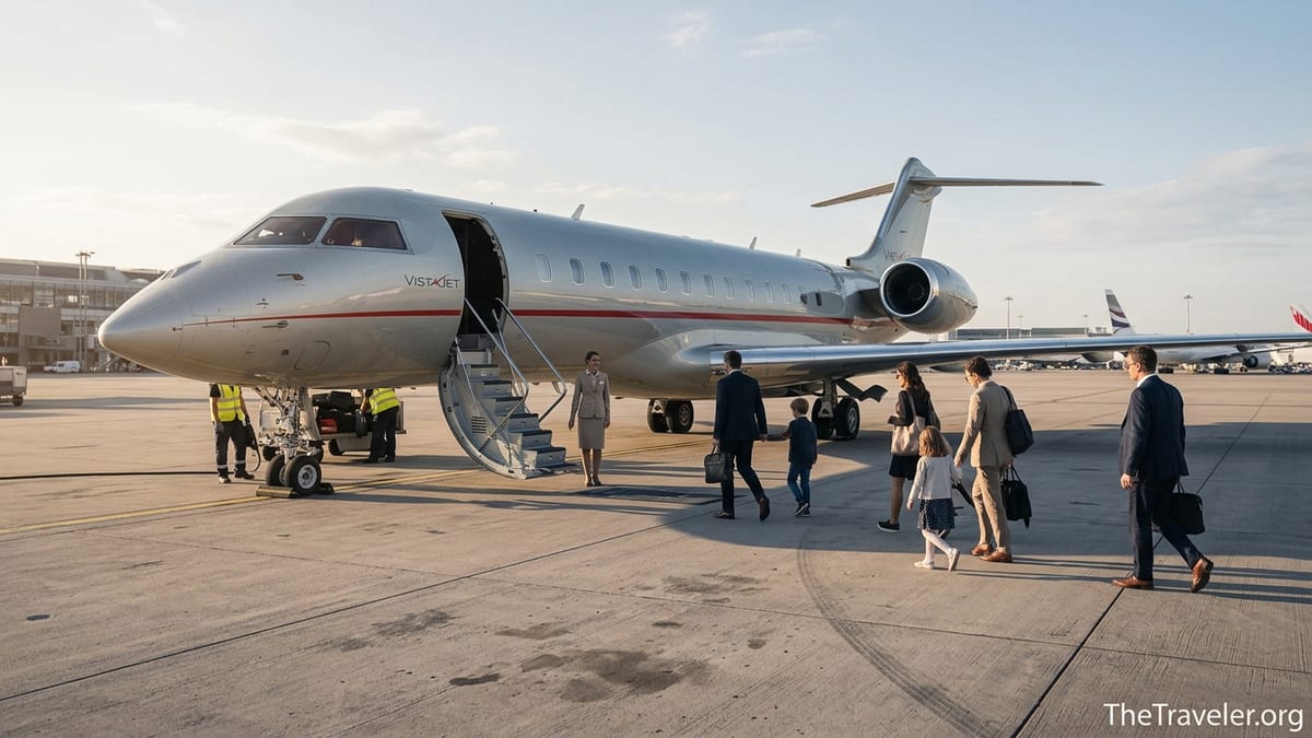 VistaJet long-range jet on an airport apron as international travelers board at sunset.