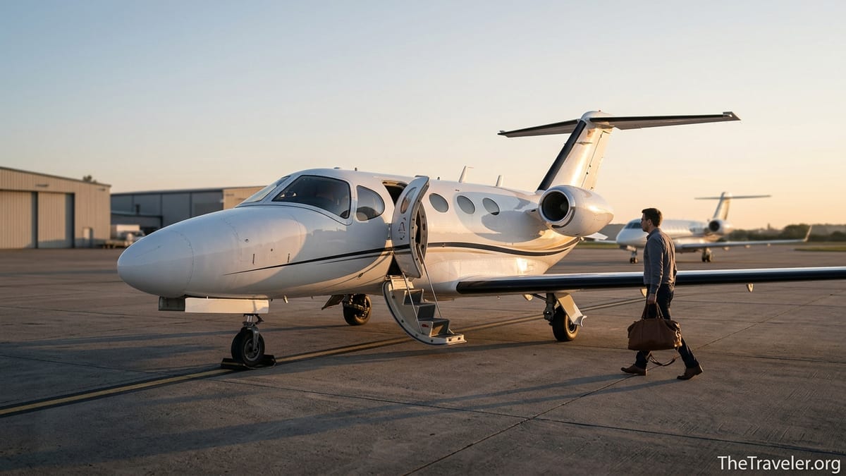 Traveler walking toward a GlobeAir-style light jet at a small European airport at sunset
