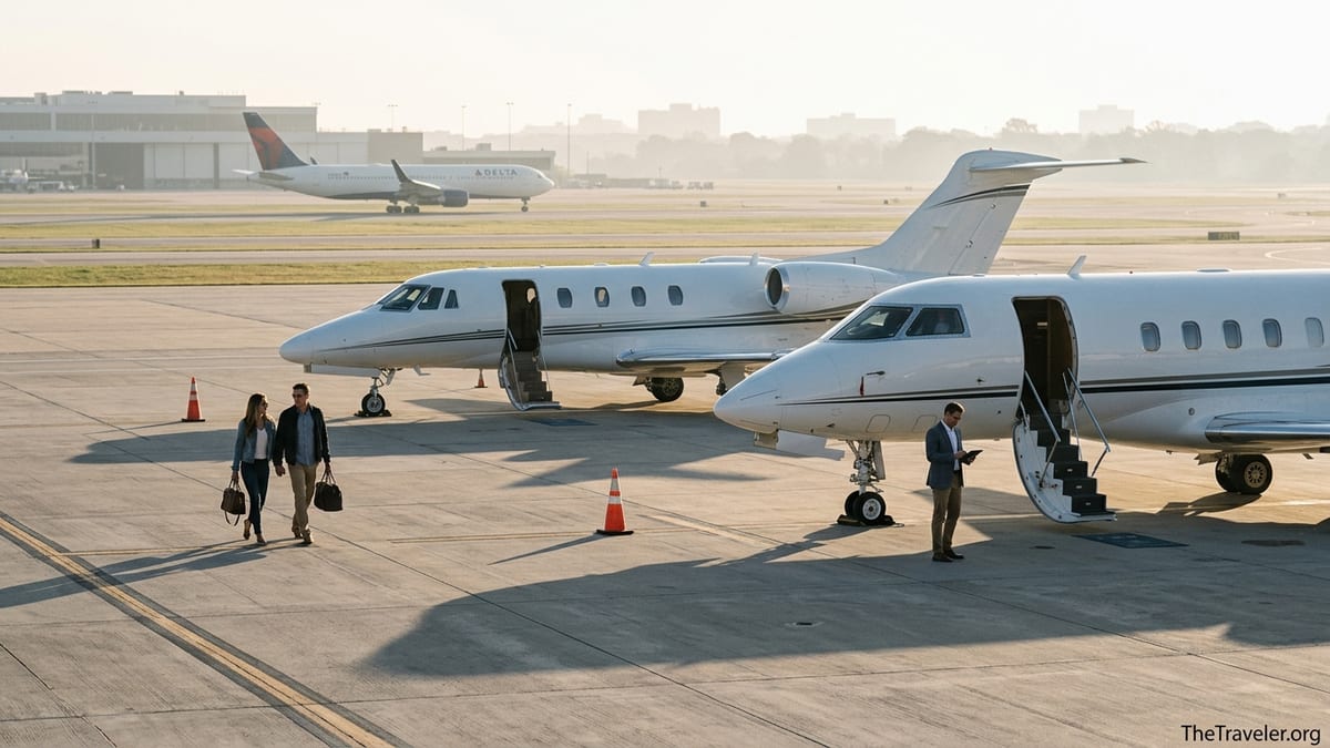 Travelers walking toward private jets on an airport ramp at sunrise, comparing options.